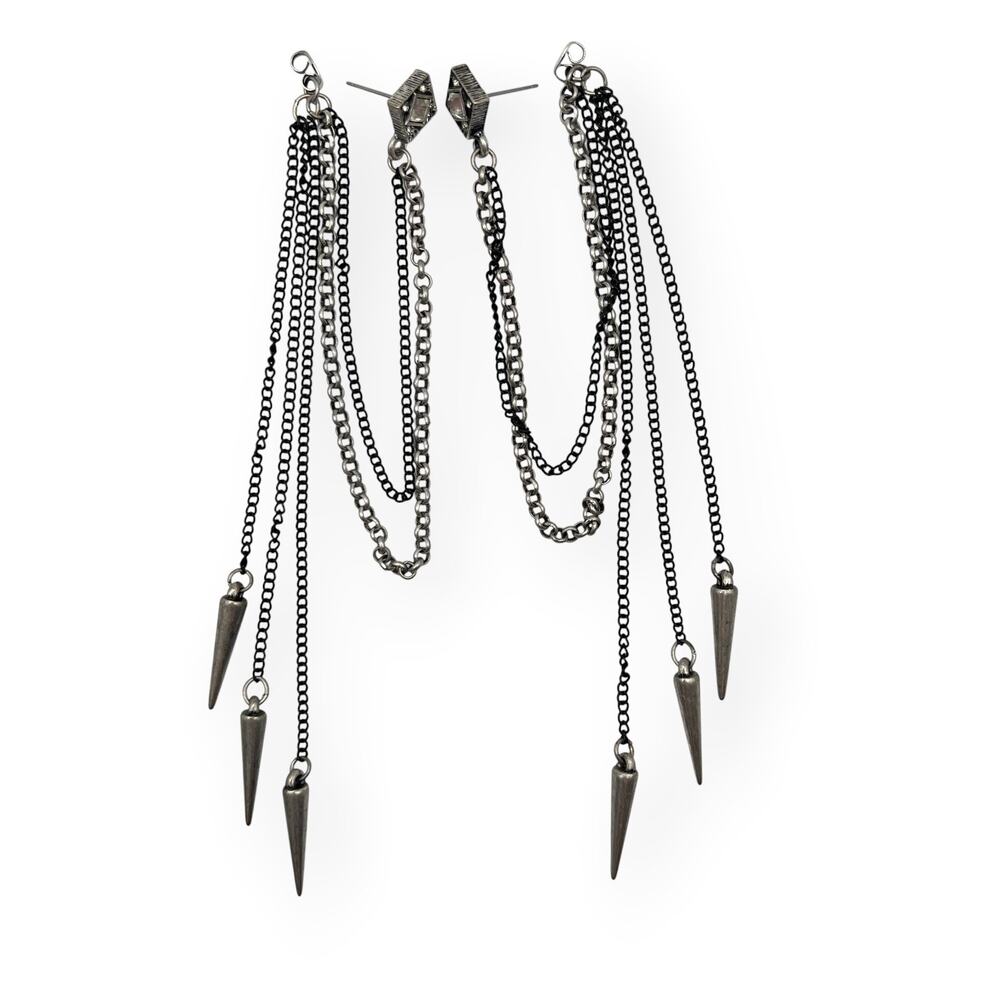 Vintage Punk Ear Jacket Earrings Goth Chic Dangle Gunmetal Fringe Spikes Rocker
